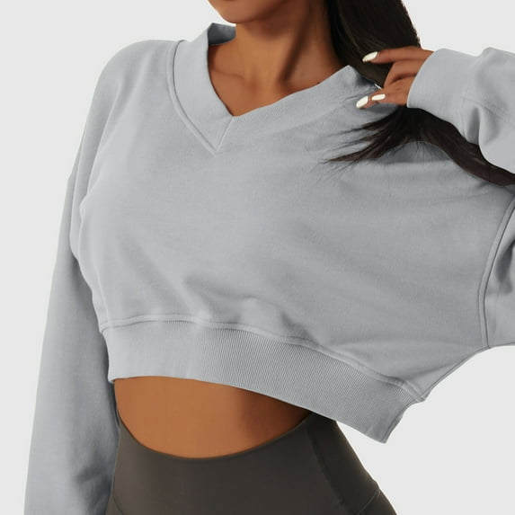 Brondbend Womens Sweatshirts Pullover for Women V Neck Long Sleeved Solid Color Crop Workout Top Loose Fit Fall Winter Fashion Party Outdoor Athletic Comfortable ,Gray