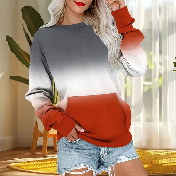 Brondbend Womens Sweatshirts Trendy Pullovers Women Crewneck Long Sleeve Gradient Color Fashionl Top with Pocket Oversized Fall Winter Party Athletic Top Versatile,Red