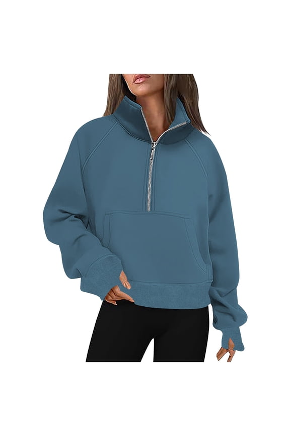 Womens Sweatshirts Womens Half Zipper Pullover Trendy Mock Neck Long Sleeve Solid Color Open Front Pocket Tops Loose Fall Comfortable Workout Outerwear Versatile