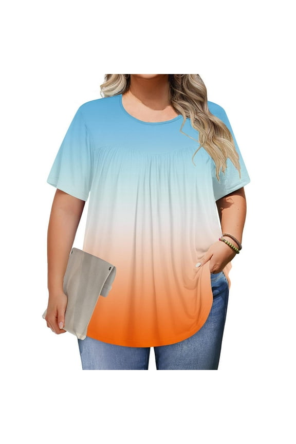 Womens Top Womans T Shirts Crew Neck Short Sleeved Wrinkle Blouse Gradient Color Casual Loose Fit Party Tops Summer Fall Wear,Orange