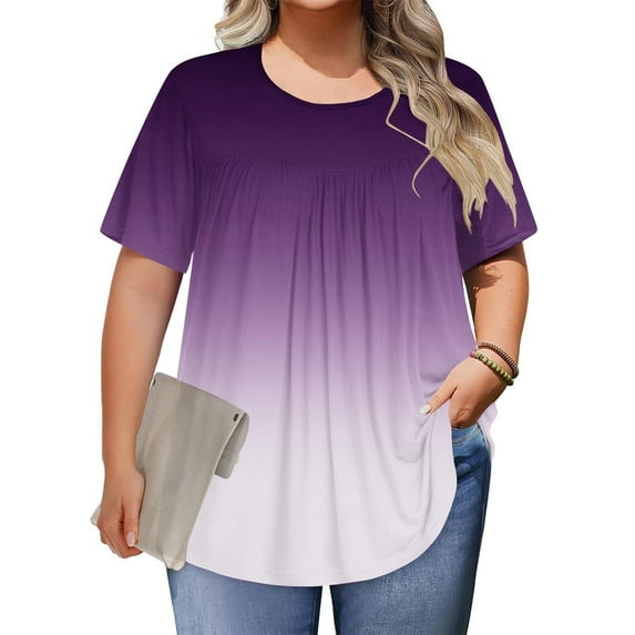 Brondbend Womens Tops Dressy Casual Shirts Womens Crew Neck Short Sleeved Wrinkle Blouse Gradient Color Fashion Loose Fit Club Tops Summer Fall Wear,Purple