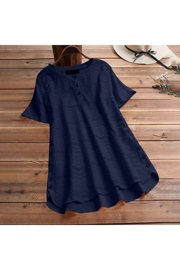Womens Tops Trendy T-Shirts Women Crew Neck Short Sleeved Button Bohemian Blouse Print Fashion Loose Fit School Tops Summer Fall Wear,Navy