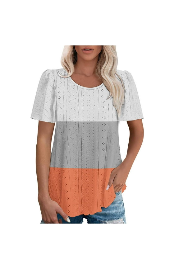 Womens Tops Trendy Tees for Women Crew Neck Short Sleeved Hollow-out Blouse Multicolour Comfy Trendy Loose Fit Daily Tops Summer Fall Wear,Orange