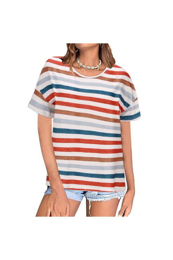 Womens Tops Trendy Women Shirts Casual Round Neck Short Sleeve Blouse Stripe Comfy Stylish Loose Fit Travel Tops Summer Fall Wear,Orange