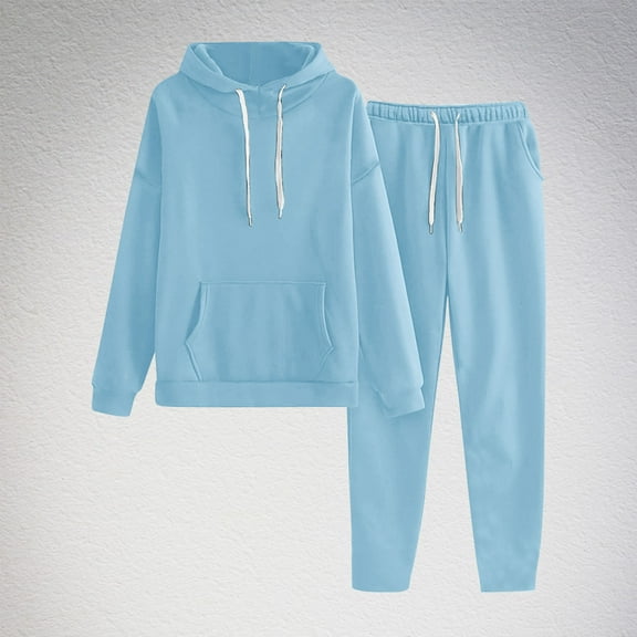 Brondbend Womens Track Suits 2 Piece Set Long Sleeve Solid Drawstring Hooded Tracksuit with Front Pocket Jogger Sweatpants with Pockets Loose Fit Outdoor Workout Sweatsuits,Light Blue