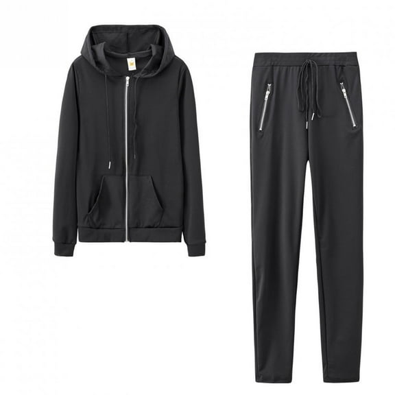 Brondbend Womens Track Suits 2 Piece Set Sweats Sets for Women Hooded Long Sleeve Full Zip Solid Pocket Pullover with Drawstring Sweatpant Outfit Loose Fit Fall Winter Workout Set,Black