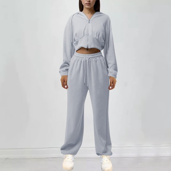 Brondbend Womens Track Suits 2 Piece Set Sweatsuit for Women Hooded Long Sleeve Zipper Solid Cropped Sweatshirt and Elastic Waist Sweatpant Set Baggy Fall Workout Comfortable Outfits,Silver