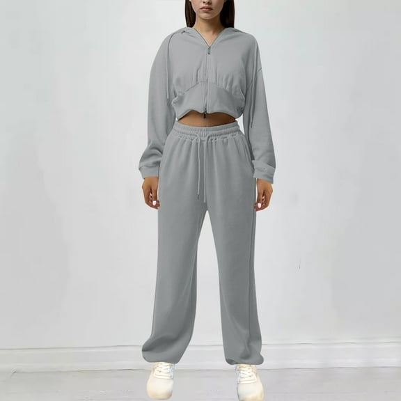 Brondbend Womens Track Suits 2 Piece Set Sweatsuit for Women Hooded Long Sleeve Zipper Solid Cropped Sweatshirt and Elastic Waist Sweatpant Set Baggy Fall Workout Comfortable Outfits,Gray