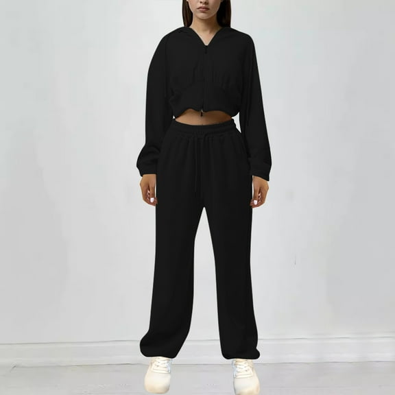 Brondbend Womens Track Suits 2 Piece Set Sweatsuit for Women Hooded Long Sleeve Zipper Solid Cropped Sweatshirt and Elastic Waist Sweatpant Set Baggy Fall Workout Comfortable Outfits,Black