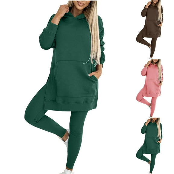 Brondbend Womens Tracksuit Sweats for Women 2 Piece Set Long Sleeved Hooded Solid Pocket Side Slit Pullover Sweatshirt and Leggings Sweatpant Outfit Fall Winter Workout Set,Brown