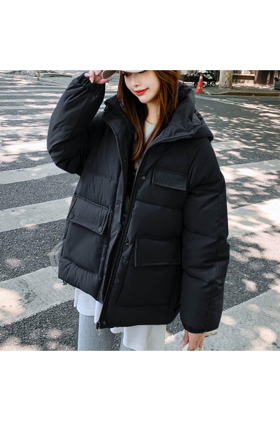 Womens Winter Coats with Hood Jackets for Women Long Sleeve Full Zipper Solid Coat Pocket Button Thick Top Warm Loose Fall Winter Versatile Party Warm Outerwear,Black