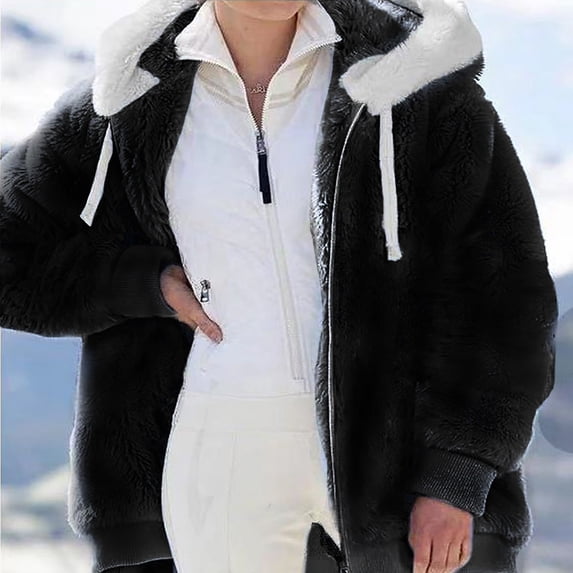 Brondbend Winter Coat for Women Women's Fall Jackets Hooded Long Sleeved Full Zipper Plush Coat with Pocket Drawstring Oversized Warm Party Work Comfortable Outerwear Black