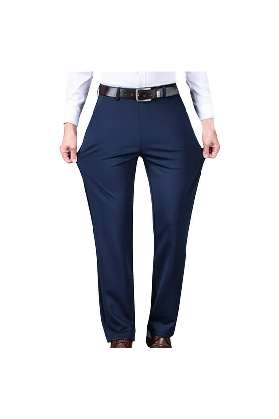 Work Pants Mens Men's Casual Pants Straight Leg Stretch High Waist Zipper Trousers with Pocket Solid Thick Casual Wrinkle-Free Trousers Classic Fit Date Night Suit Pants