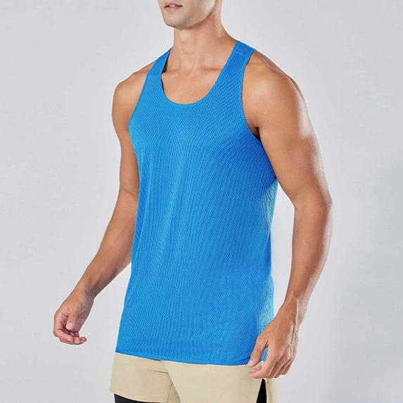 Brondbend Workout Tank Tops for Men Sleeveless Crewneck Solid Color Blouse Summer Stylish Loose Fit Beach Holiday Tops Blue XXL