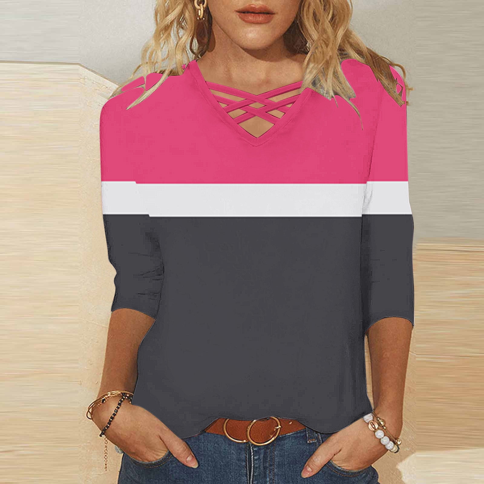 3/4 sleeve criss cross top main image 0