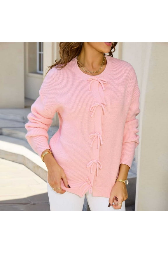 knitted sweaters for women cardigans for women Crewneck long sleeved button lace up with Solid Sweater coat basic fit fall fashion party going out work soft outerwear,Pink