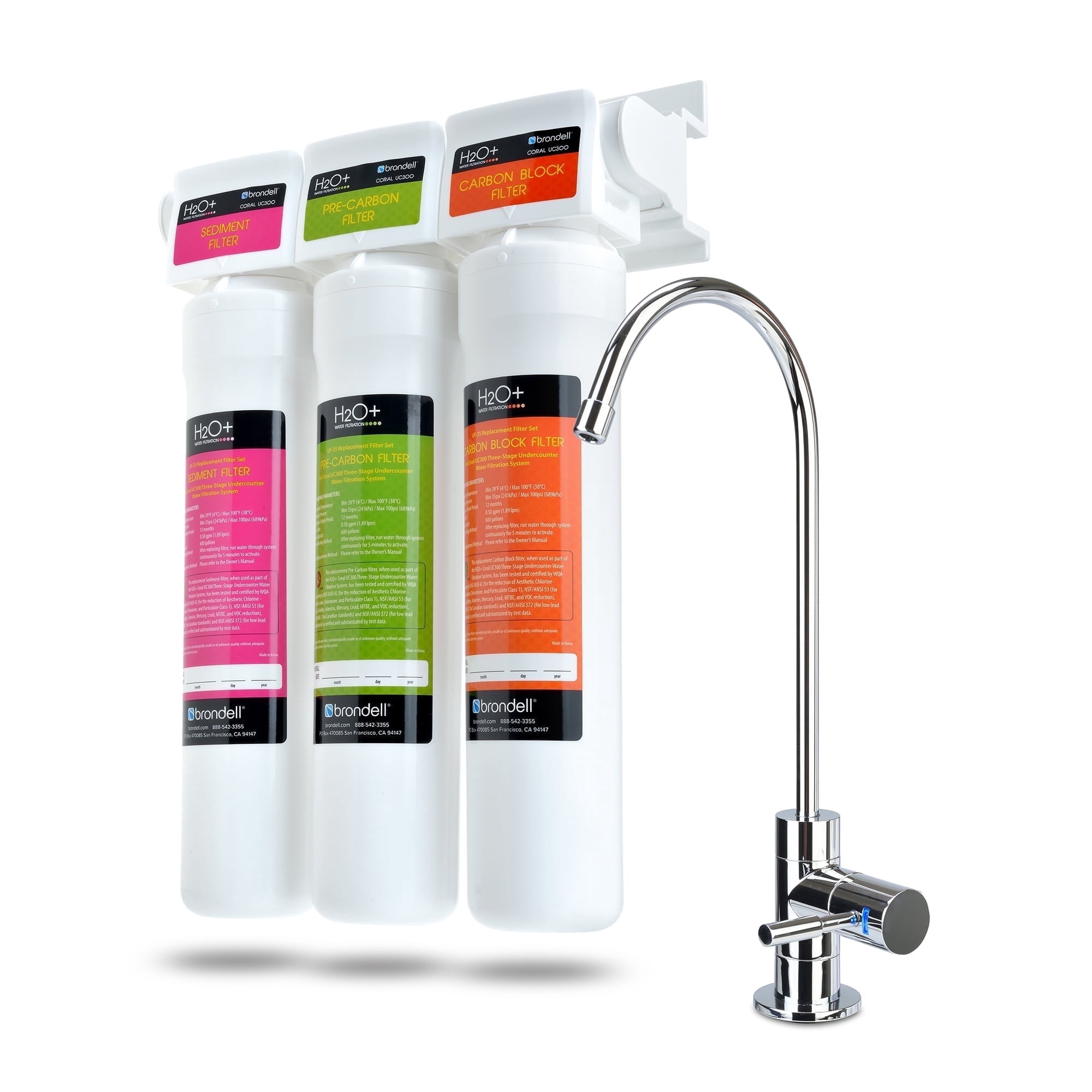 Brondell Coral UC300 Three-Stage Undercounter Water Filtration System with Designer Chrome Faucet - Quick Change Filter, WQA Gold Seal-Certified