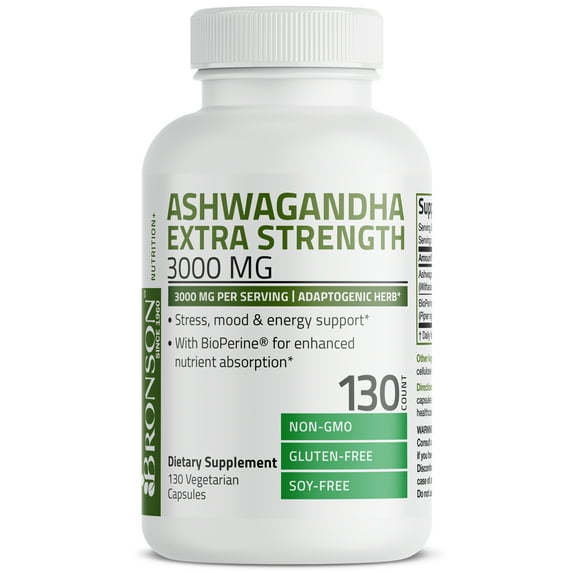 Bronson Ashwagandha Extra Strength Stress & Mood Support with BioPerine - Non GMO Formula, 130 Vegetarian Capsules