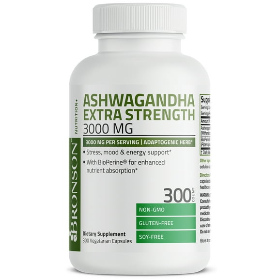 Bronson Ashwagandha Extra Strength Stress & Mood Support with BioPerine - Non GMO Formula, 300 Vegetarian Capsules