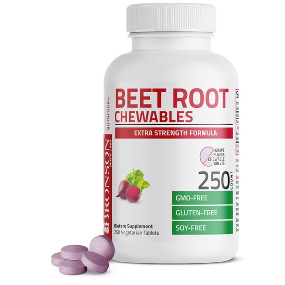 Bronson Beet Root Chewables Grape Flavored - Extra Strength Circulation Support Heart Health & Stamina, NON-GMO, 250 Vegetarian Grape Flavored Chewable Tablets