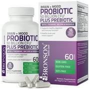 Bronson Brain + Mood Probiotic 50 Billion CFU Plus Prebiotic with L-Theanine, Bacopa and Rhodiola NON-GMO, 60 Vegetarian Capsules