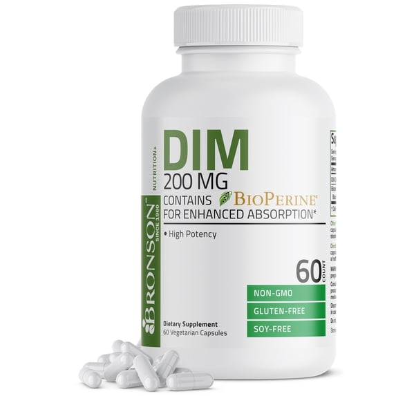 Bronson DIM 200 mg with BioPerine for Enhanced Absorption Estrogen Metabolism Balanced Hormones, 60 Vegetarian Capsules