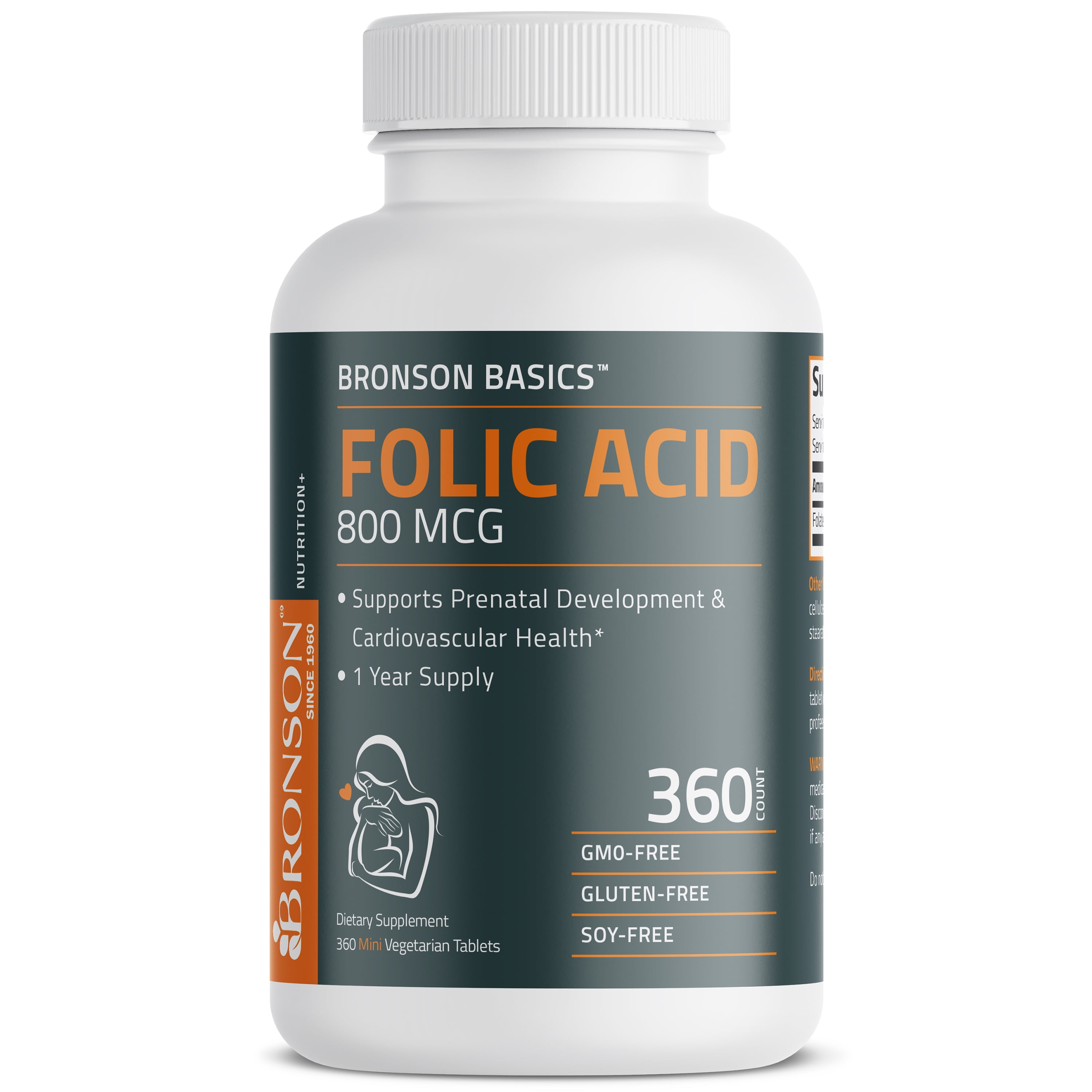 Bronson Folic Acid 800 MCG Supports Prenatal Development, 1 Year Supply, Non-GMO, 360 Tablets