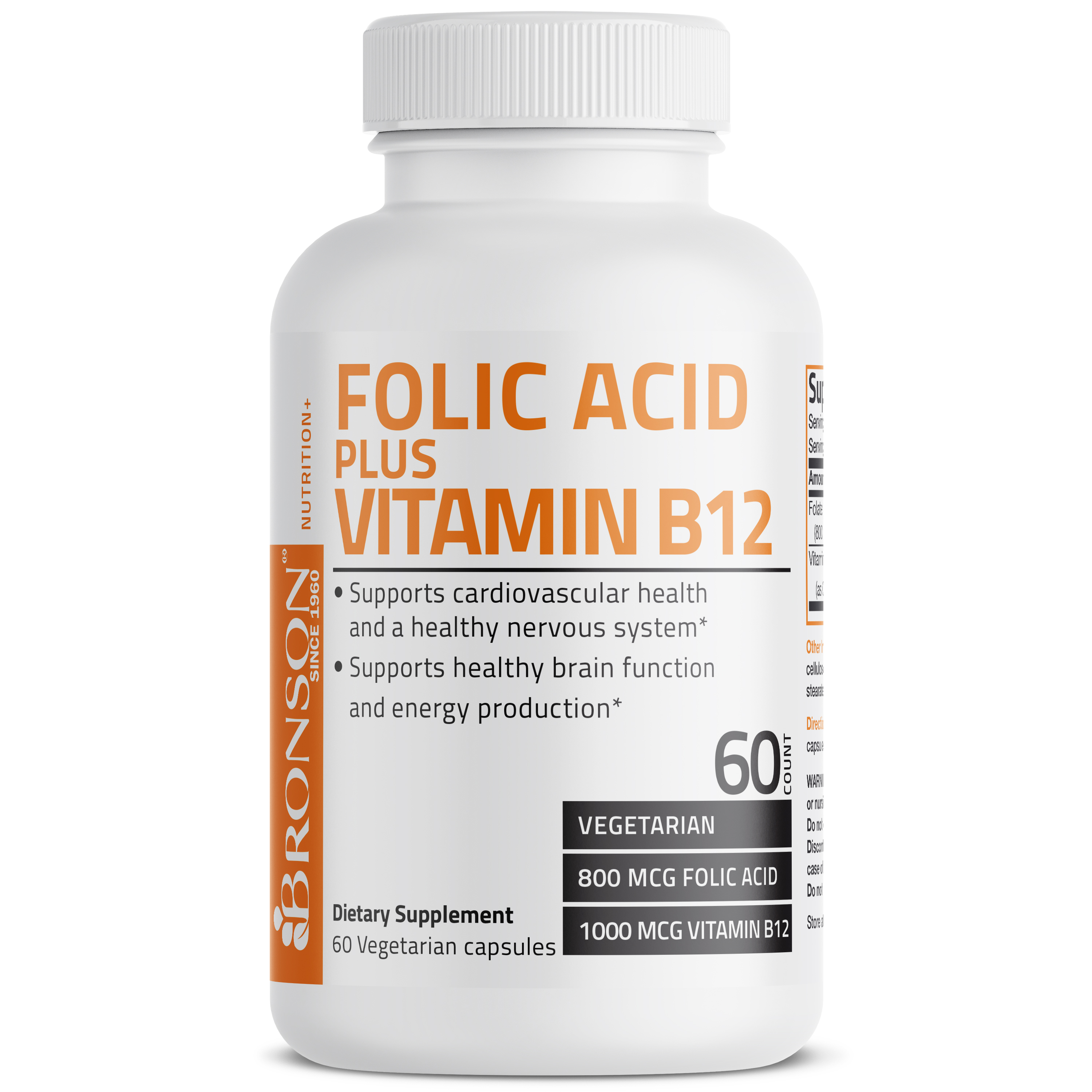 Bronson Folic Acid 800 mcg + Vitamin B12 1000 mcg, 60 Vegetarian ...