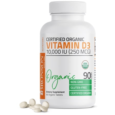 Bronson High Potency Vitamin D3 10,000 IU for Immune Support, Healthy Muscle Function & Bone Health, USDA Certified Organic Non-GMO Gluten Free Vitamin D Supplement, 90 Tablets