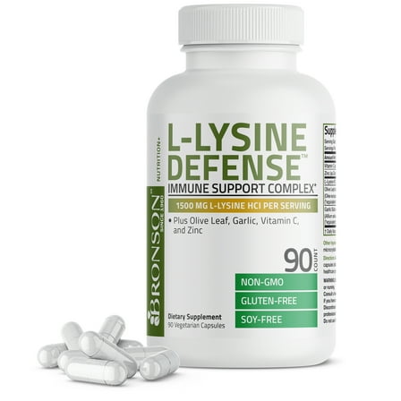 Bronson L-Lysine Defense Immune Support Complex 1500 MG L-Lysine Plus Olive Leaf, Garlic, Vitamin C and Zinc - NON-GMO, 90 Vegetarian Capsules
