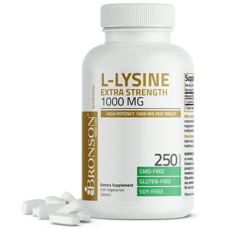 Bronson L-Lysine Extra Strength 1000 MG per Tablet High Potency, Immune Support & Supports Collagen Synthesis, Non-GMO, 250 Vegetarian Tablets