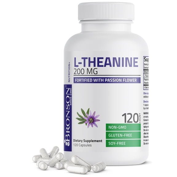 Bronson L-Theanine 200mg (Double-Strength) with Passion Flower Herb - Reducing Stress - Non-GMO Gluten Free, 120 Capsules