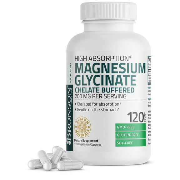 Bronson Magnesium Glycinate 200 MG per Serving Chelated for High Absorption, Gentle On Stomach, Non-GMO, 120 Vegetarian Capsules