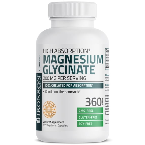 Bronson Magnesium Glycinate 200 MG per Serving Chelated for High Absorption, Gentle On Stomach, Non-GMO, 360 Vegetarian Capsules
