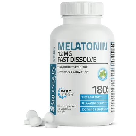 Bronson Melatonin 12mg Fast Acting Tablets with Vitamin B6 - Night Time Sleep Aid - Promotes Relaxation, 180 Peppermint Flavored Fast Acting Tablets