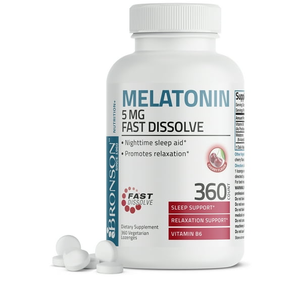 Bronson Melatonin 5mg Fast Acting Tablets with Vitamin B6 - Night Time Sleep Aid - Promotes Relaxation, 360 Cherry Flavored Fast Acting Tablets