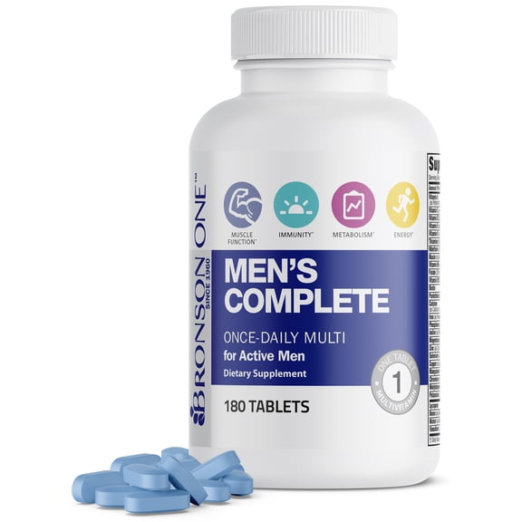 Bronson Men's Complete Once - Daily Multi For Active Men, 1 Tablet Multivitamin, Supports Muscle Function, Immunity, Metabolism, & Energy, 180 Tablets