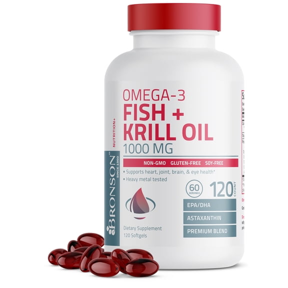 Bronson Omega-3 Fish + Krill Oil 1000MG Support Heart, Joint, Brain & Eye Health - Heavy Metal Tested - NON-GMO, 120 Softgels (60 Servings)