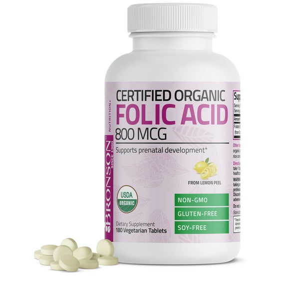 Bronson Organic Folic Acid 800 mg - USDA Certified & Vegetarian - Ultimate Prenatal Vitamin - Prenatal Development - 180 Tablets