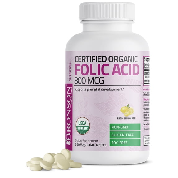 Bronson Organic Folic Acid 800 mg - USDA Certified & Vegetarian - Ultimate Prenatal Vitamin - Prenatal Development - 360 Tablets