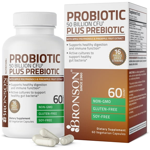 Bronson Probiotic 50 Billion CFU Plus Prebiotic w/ Apple Polyphenols & Pineapple Fruit Extract Non GMO, Gluten Free, 60 Capsules