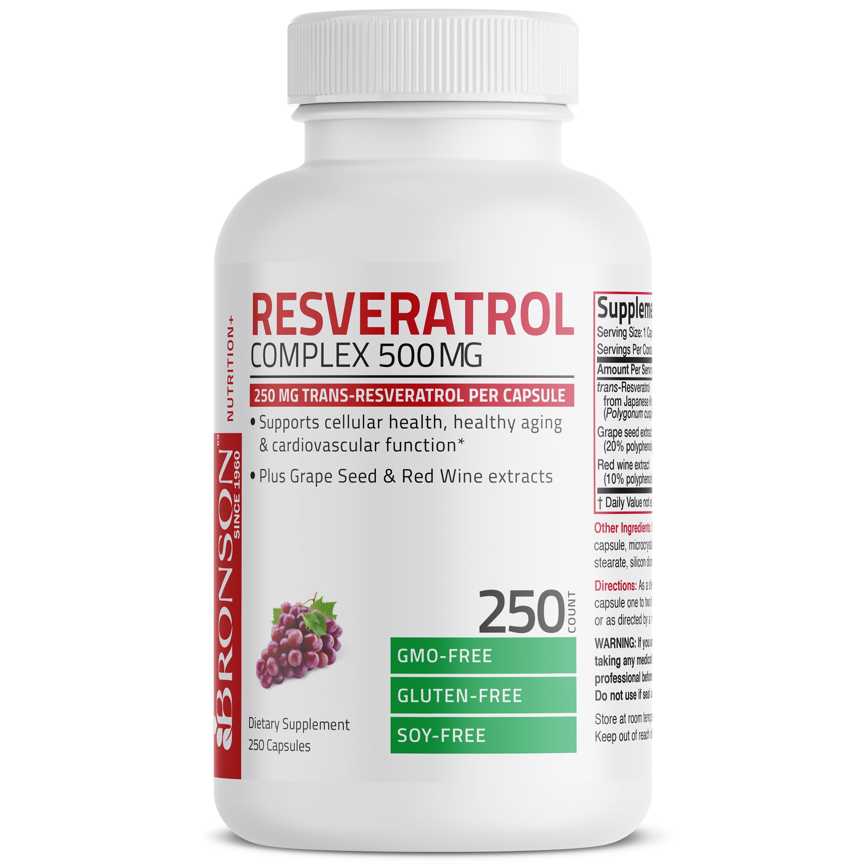 Bronson Resveratrol 500 Complex Red Wine Extract Natural Antioxidant Heart & Immune Health, 250 Capsules