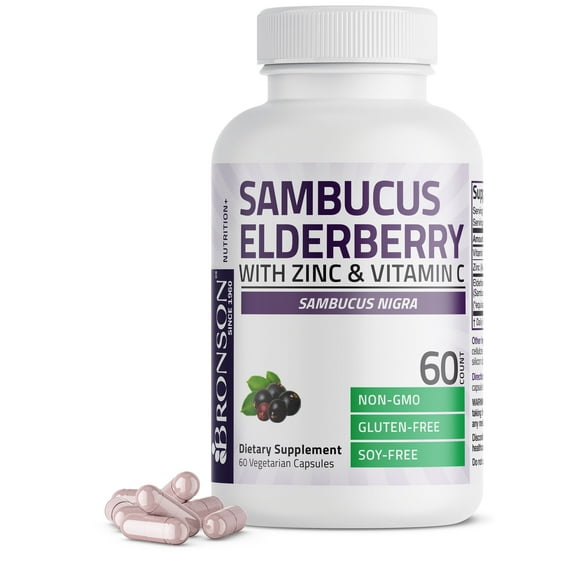 Bronson Sambucus Elderberry with Zinc & Vitamin C Triple Immune Support Complex Immune & Antioxidant Protection, NON-GMO, 60 Vegetarian Capsules