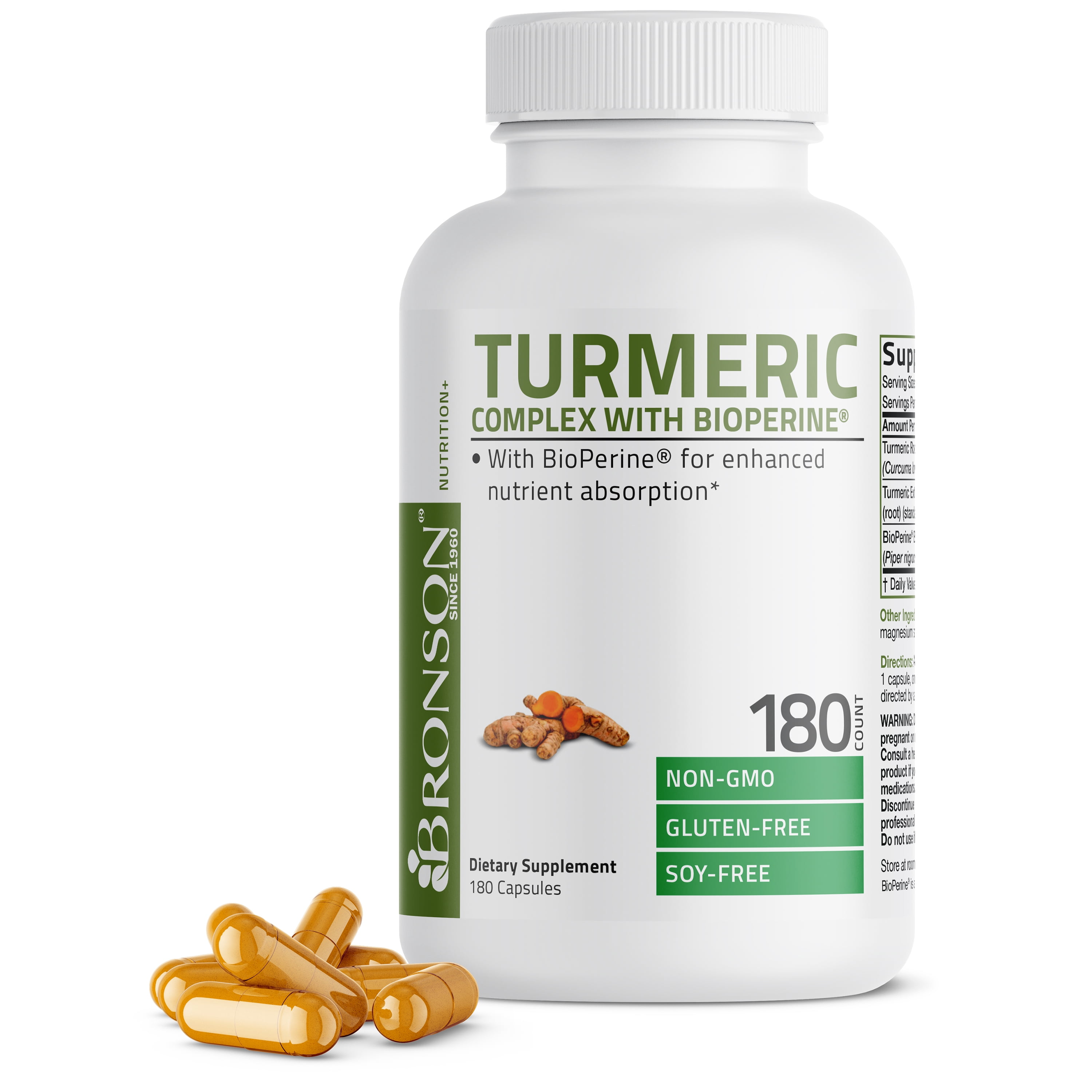 Bronson Turmeric Curcumin + BioPerine High Potency Joint Support Non-GMO, Gluten Free Soy Free + Black Pepper, 180 Capsules