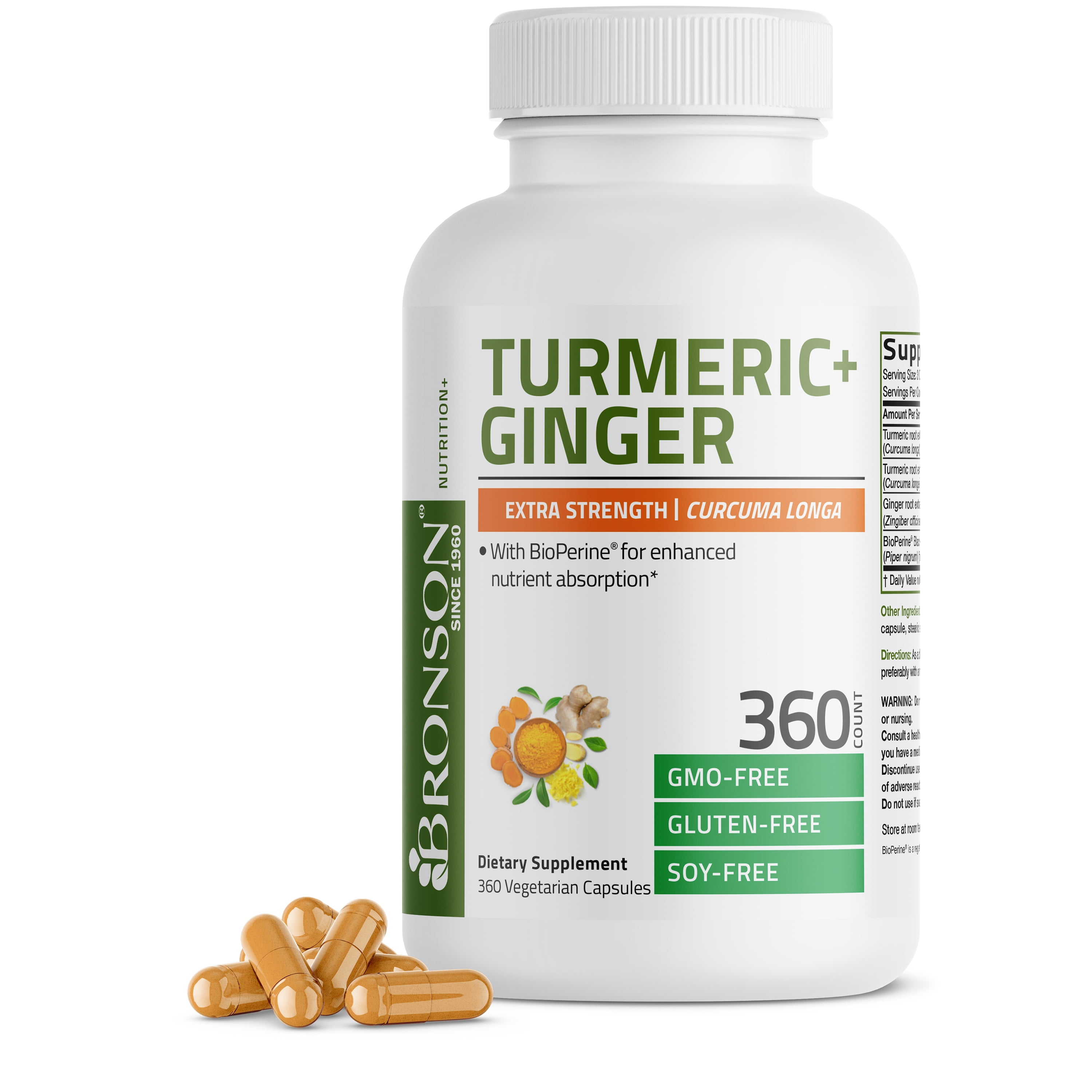 Bronson Turmeric + Ginger Antioxidant, Joint Health & Digestion Support with BioPerine, Non-GMO, 360 Vegetarian Capsules