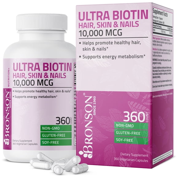 Bronson Ultra Biotin 10,000 Mcg Hair Skin and Nails Supplement, Non-GMO, Gluten Free, Soy Free, 360 Vegetarian Capsules