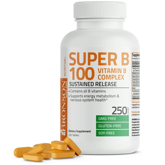 Bronson Vitamin B 100 Complex High Potency Sustained Release (Vitamin B1, B2, B3, B6, B9 - Folic Acid, B12), 250 Tablets