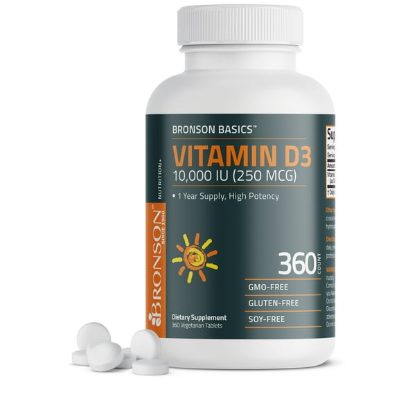 Bronson Vitamin D3 10,000 IU (250 MCG) Supports Immune, Bone, Muscle and Teeth Health, 1 Year Supply High Potency - Non-GMO, 360 Tablets