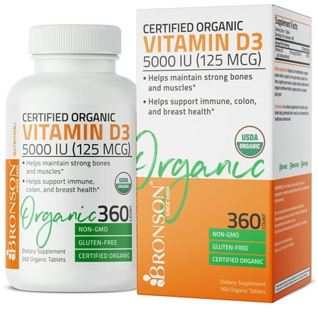 Bronson Vitamin D3 5000 IU Bone Health and Immune Support, USDA Certified Organic, Non-GMO Gluten Free, 360 Tablets