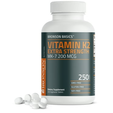 Bronson Vitamin K2 Extra Strength MK-7 200 MCG Supports Bone Health Non-GMO, 250 Vegetarian Tablets
